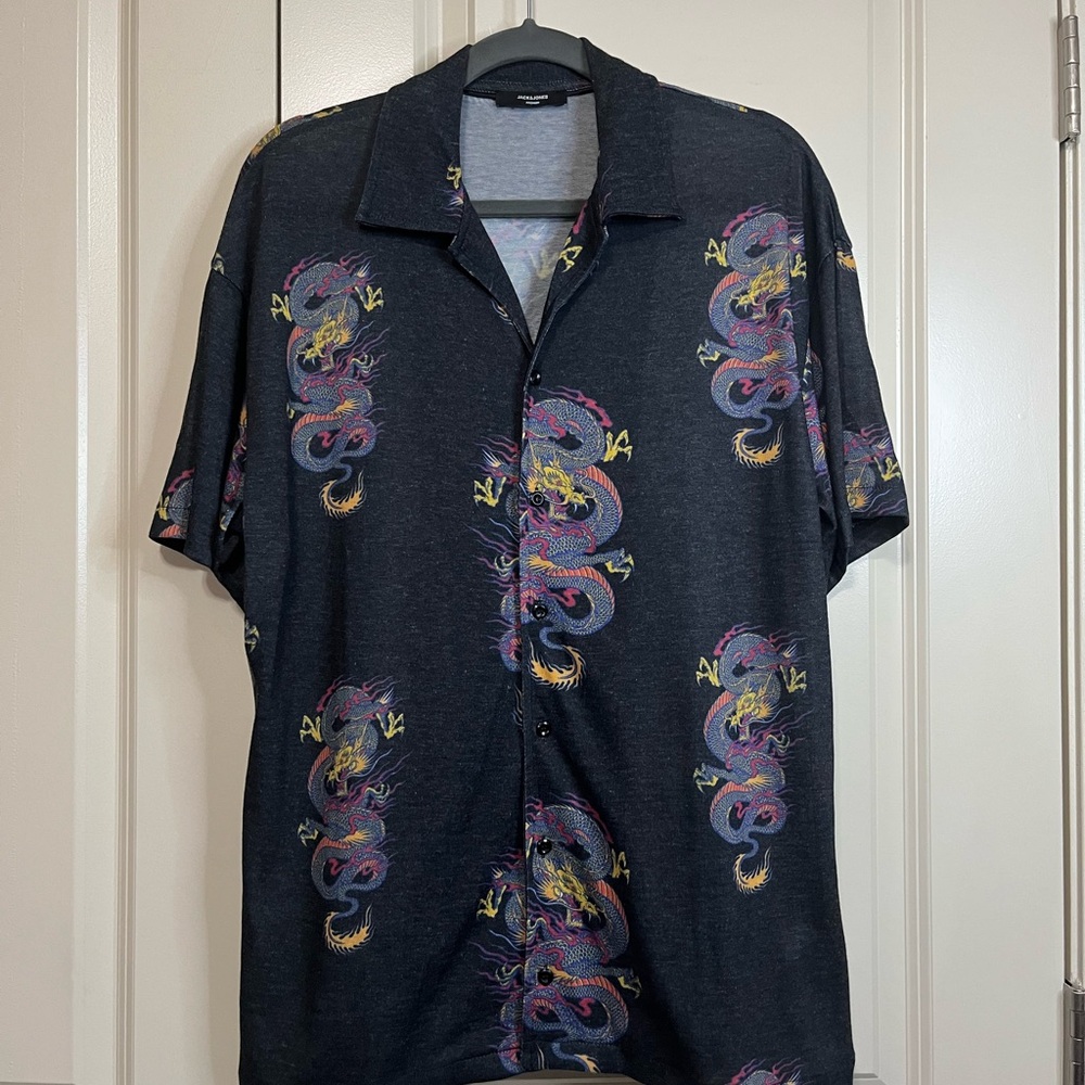 Jack & Jones Gray Multicolor Dragon Print Shirt